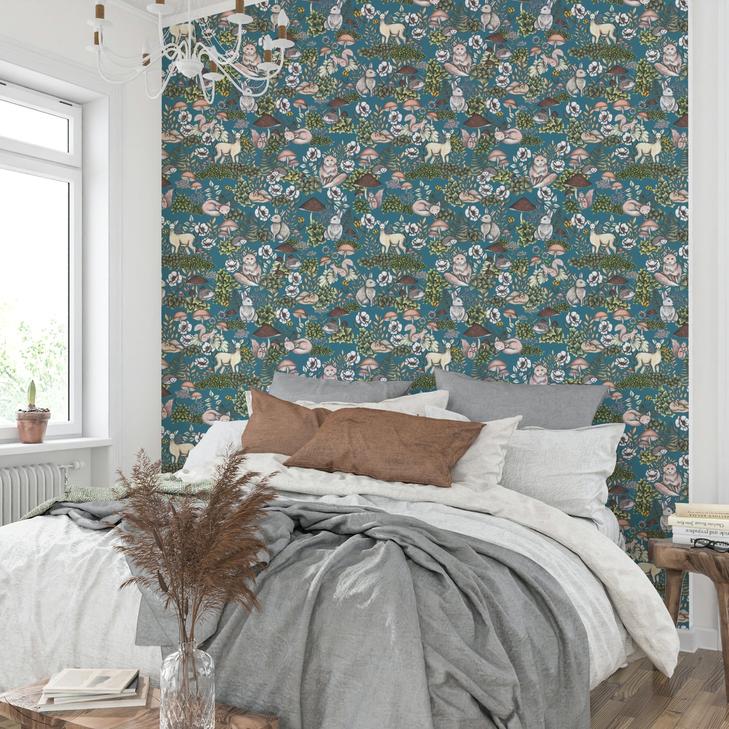 Teal background with forest animals
