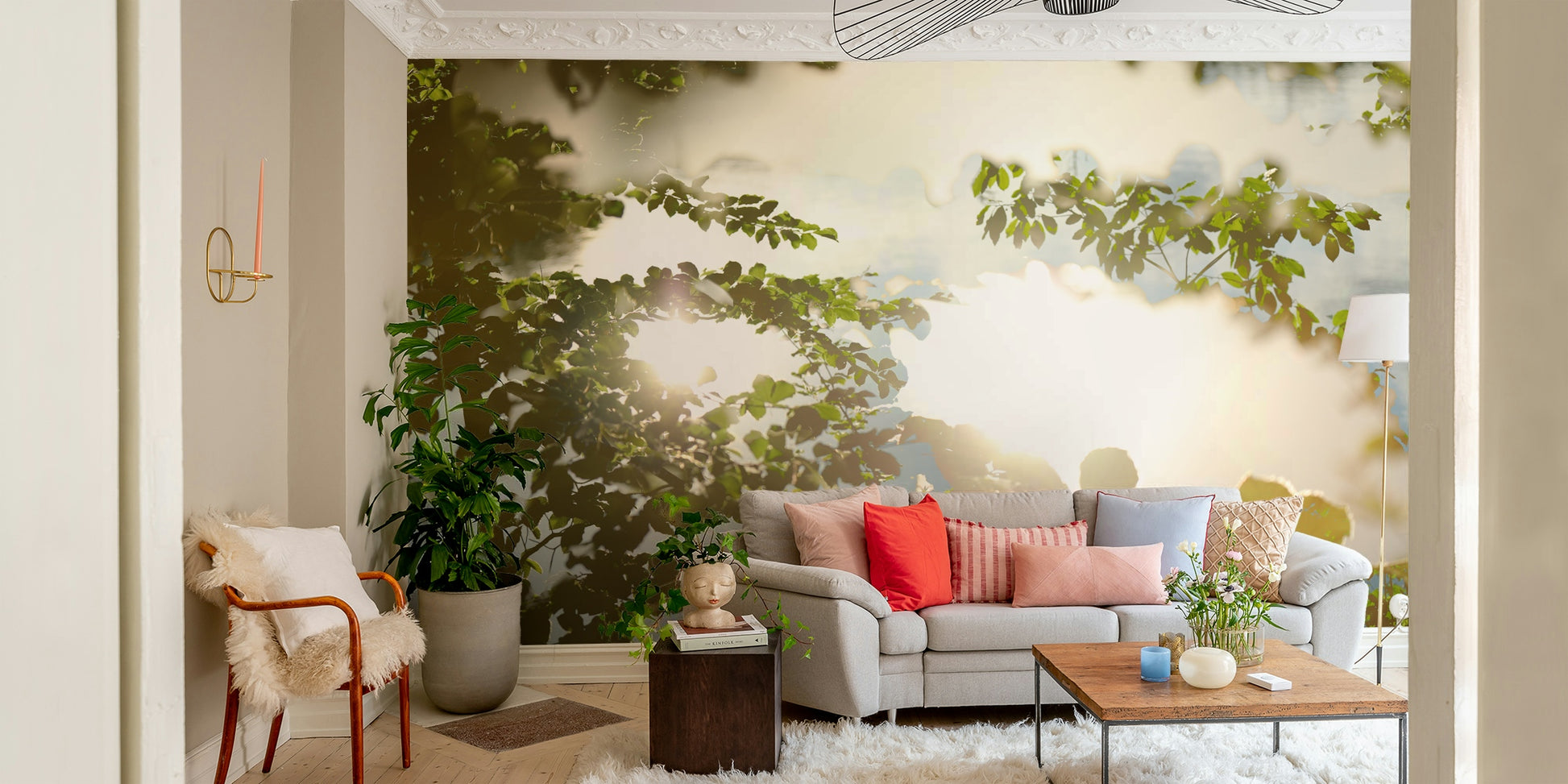 Peaceful foliage and water mural
