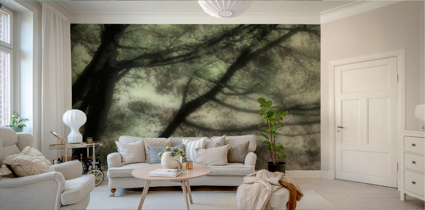 Soft green tree mural wallpaper
