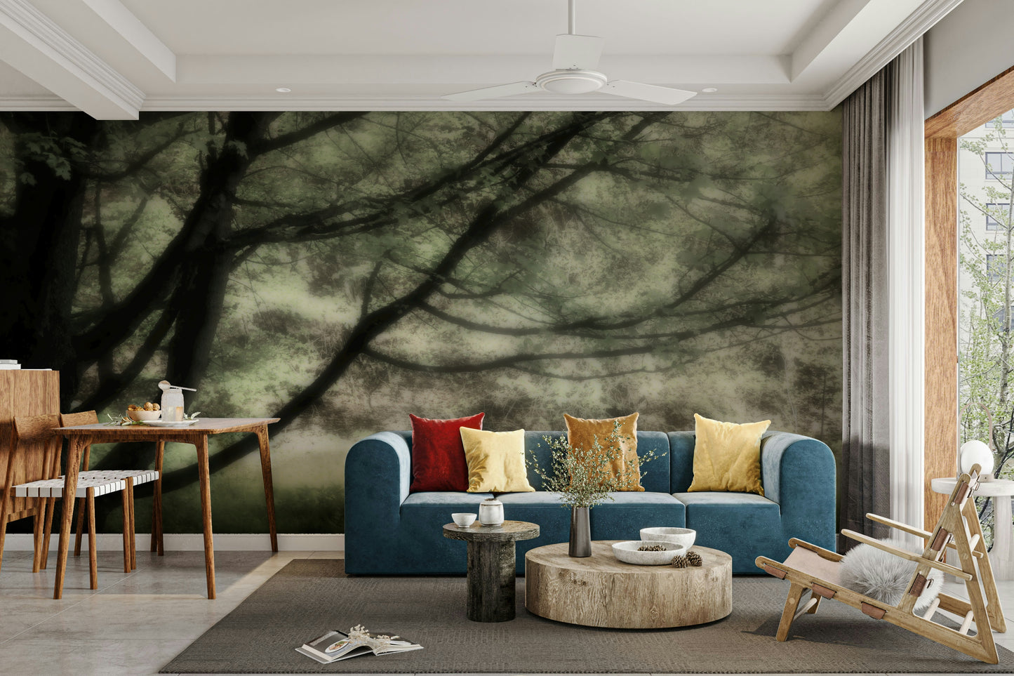 Minimal green tree landscape mural
