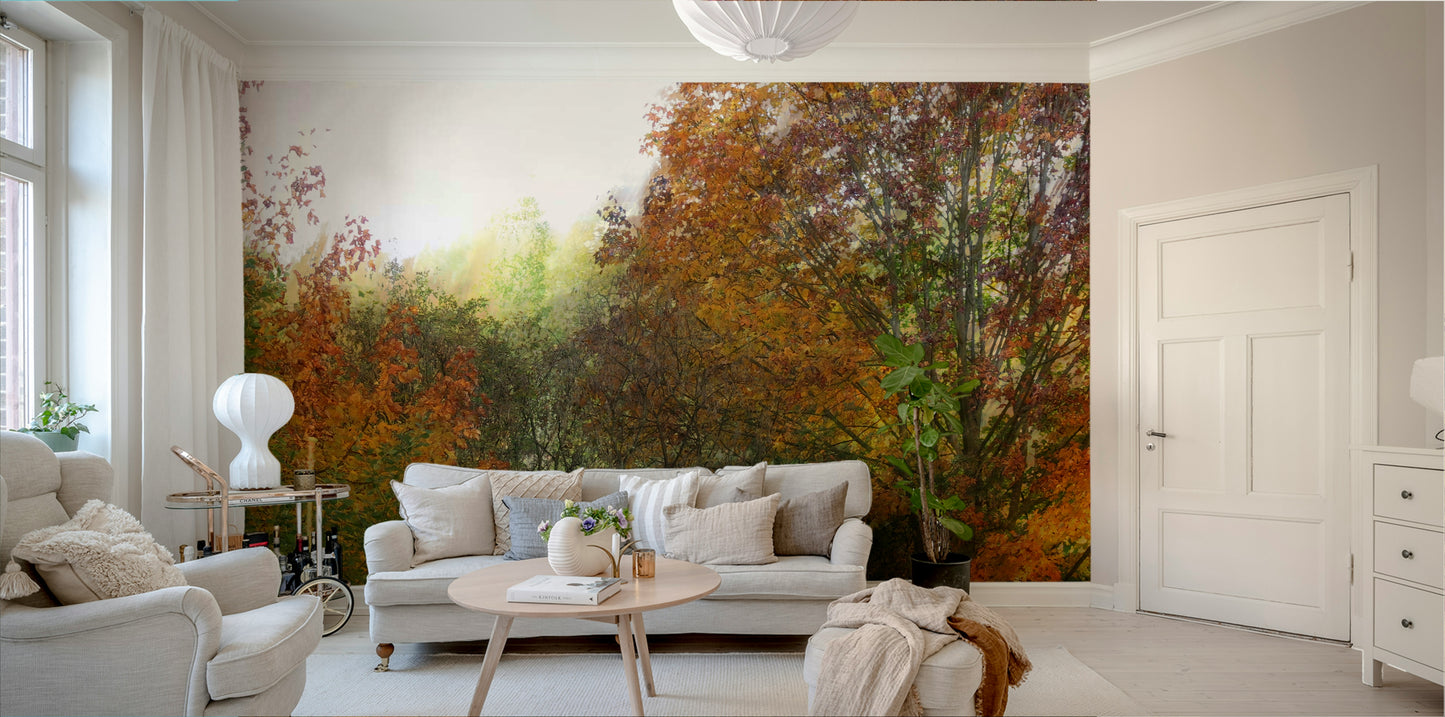 Nature-inspired fall mural wallpaper
