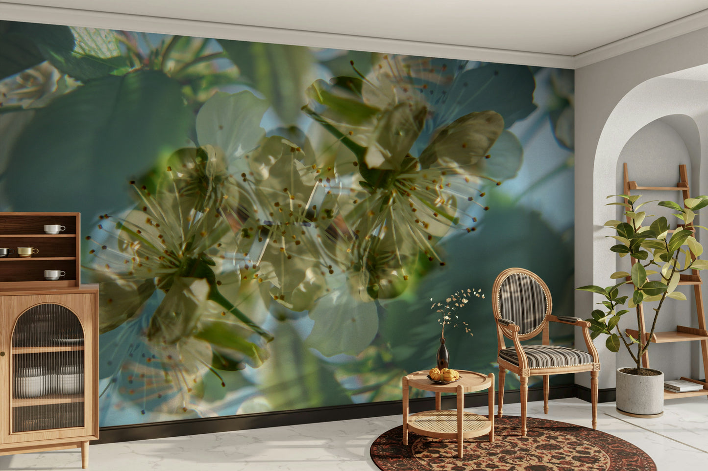 Soft green and white blossom wallpaper
