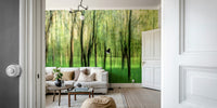 Soft green woodland wallpaper design
