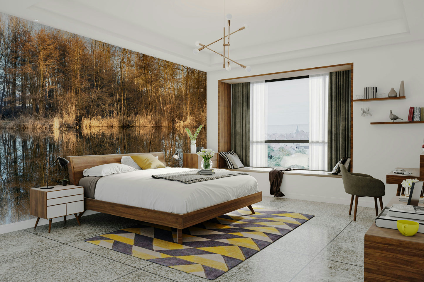 Calm autumn forest mural design
