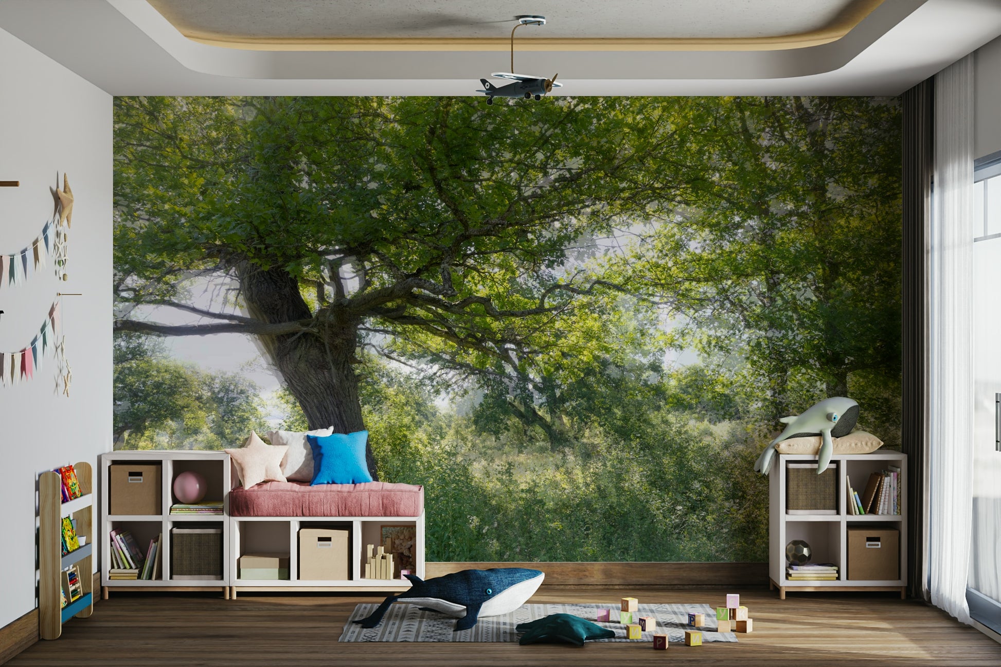 Foliage wall mural with gentle tones
