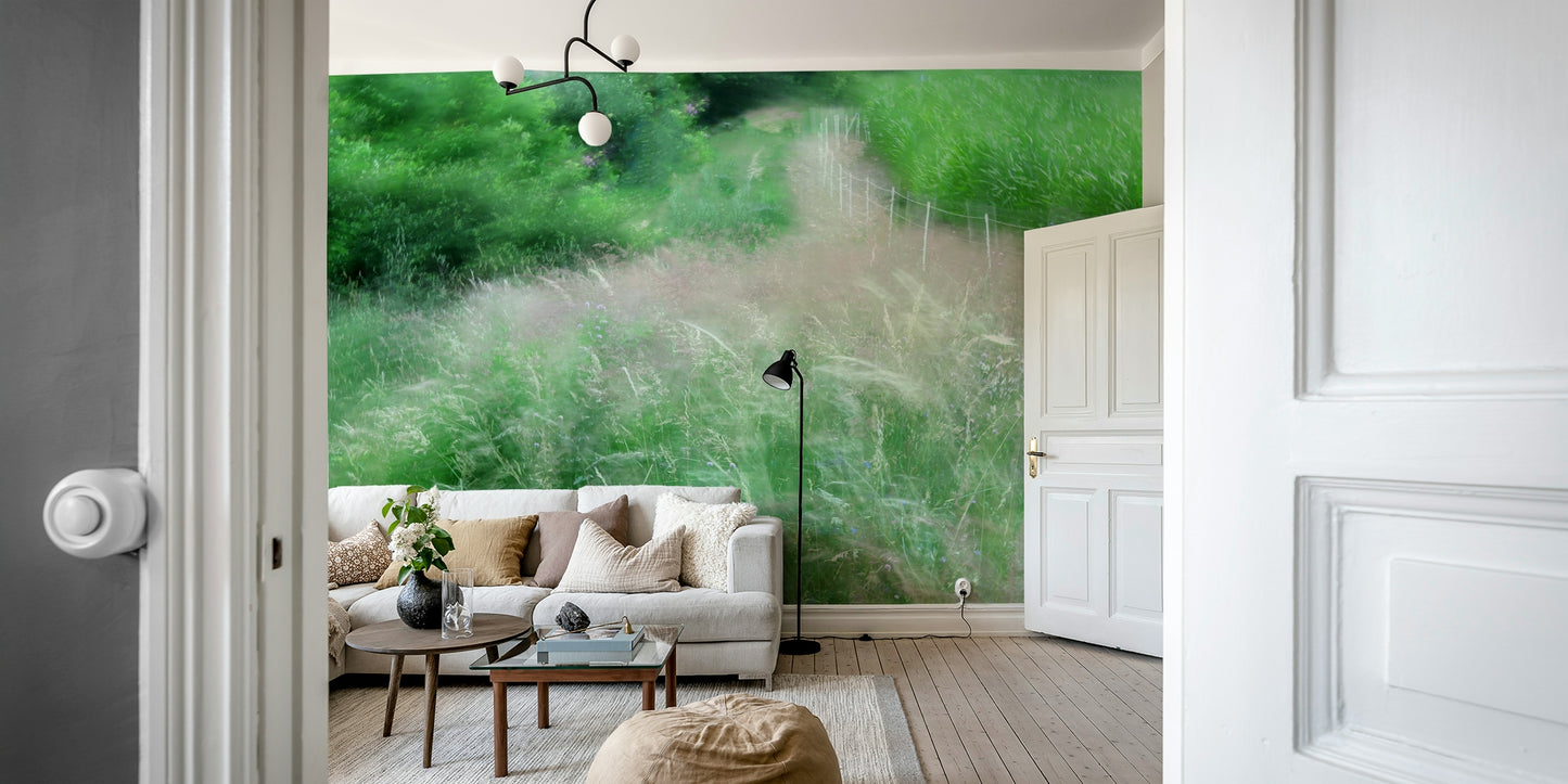 Lush green forest pathway mural
