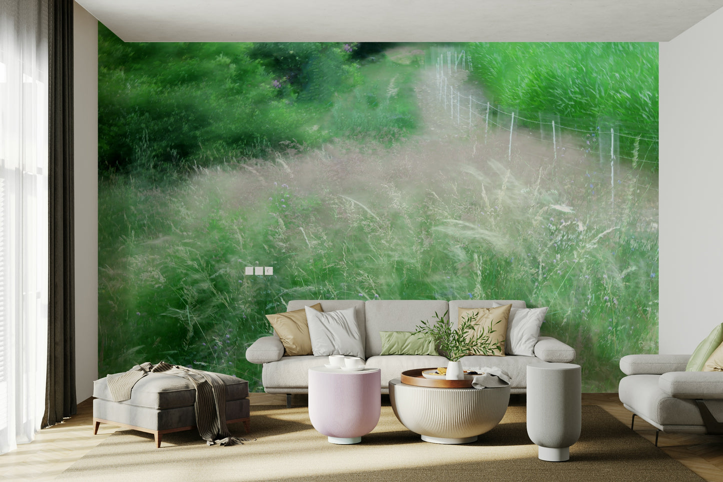 Muted green forest path mural
