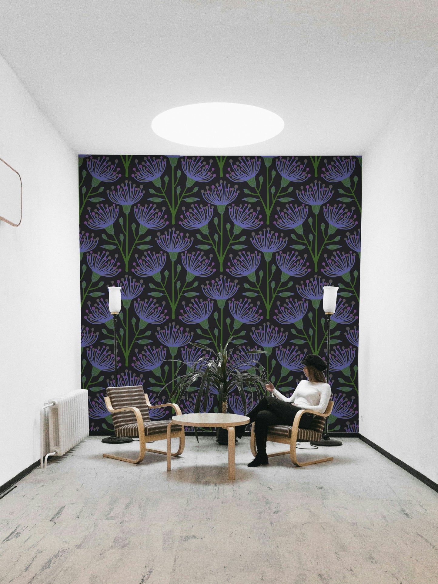 Botanical wall mural with deep tones
