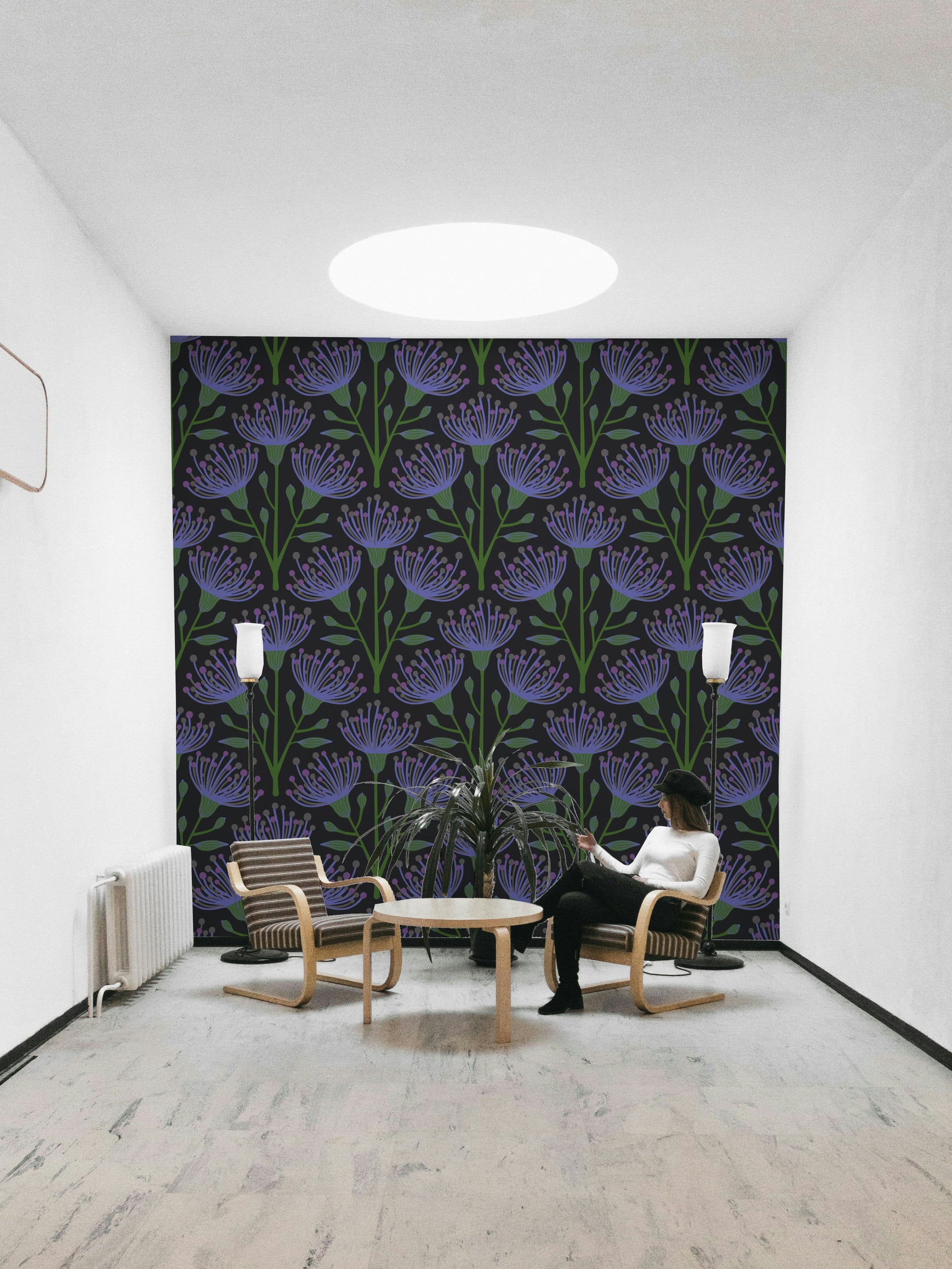 Botanical wall mural with deep tones
