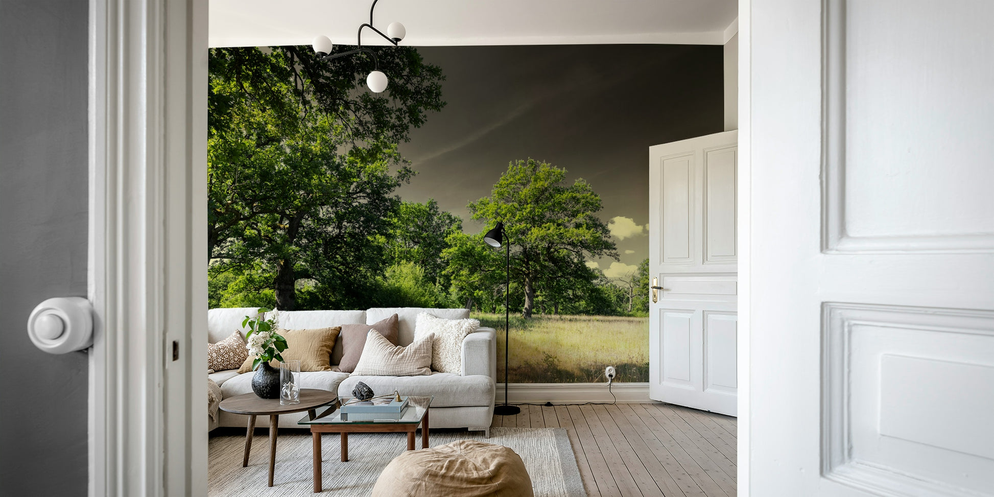 Cloud-filled sky and tree mural
