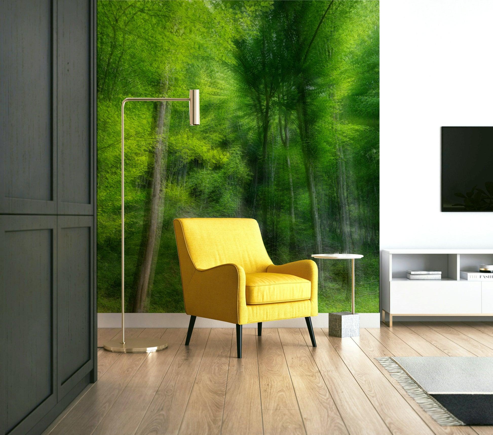 Peaceful green forest wall scene
