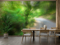 The mural is installed on a feature wall in a minimalist room.

