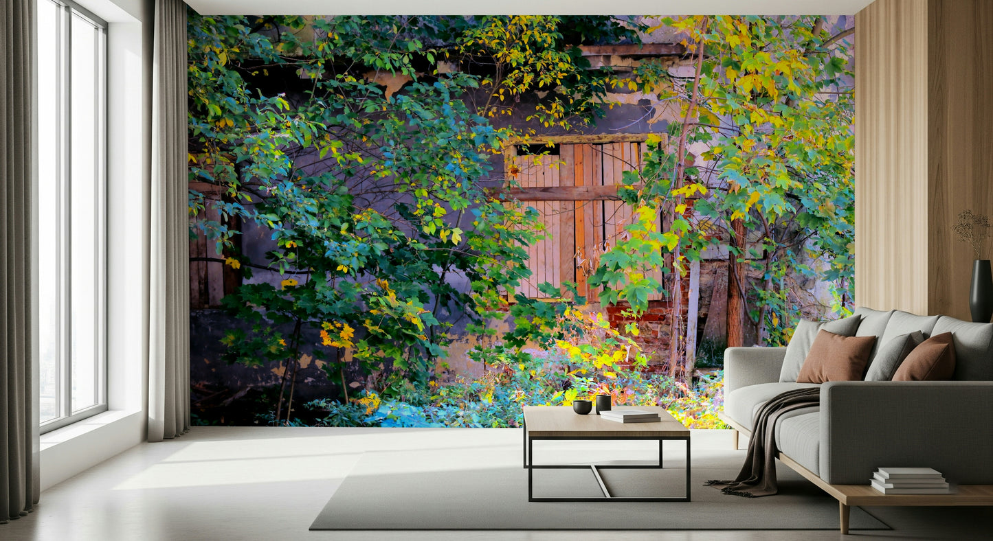 Overgrown Doorway: Nature's Embrace of Abandoned Ruins Wall Mural