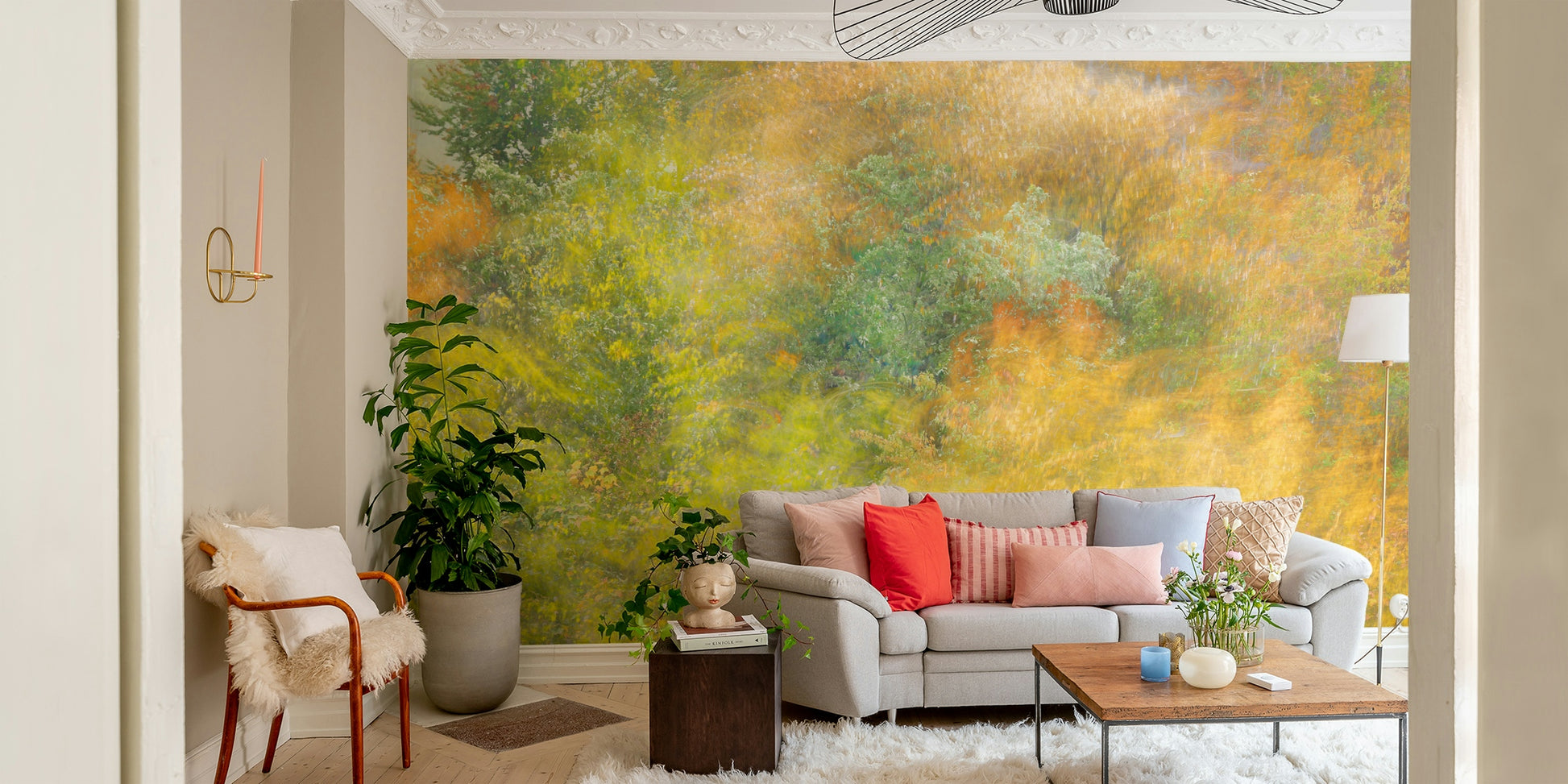 Painterly autumn forest mural
