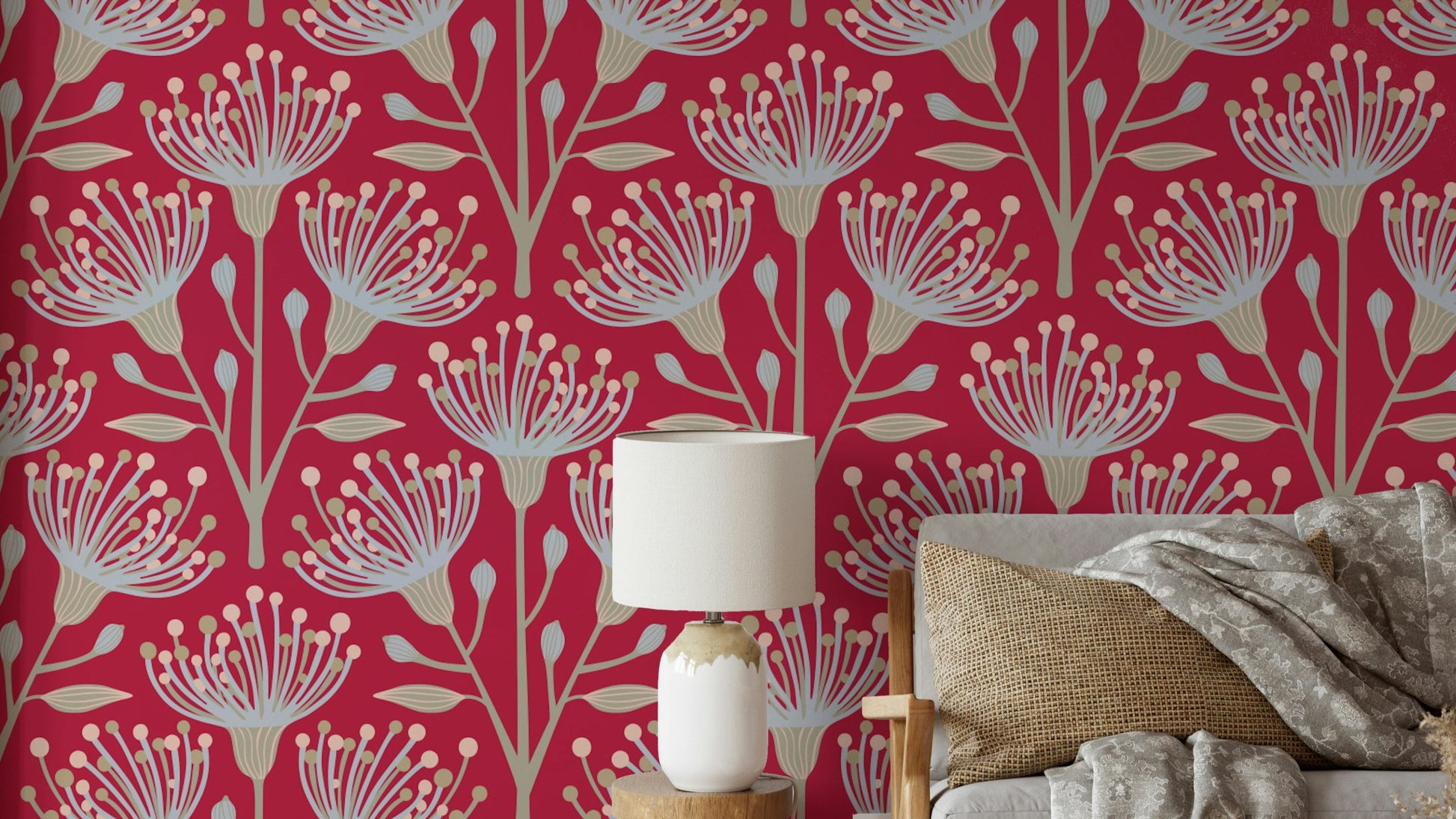 Bold red botanical wall mural
