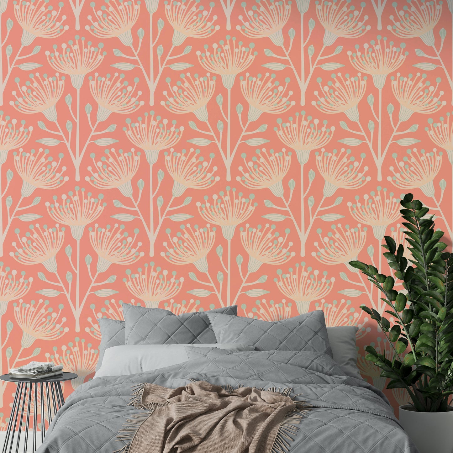 Hand-drawn style floral and leaf motifs.

