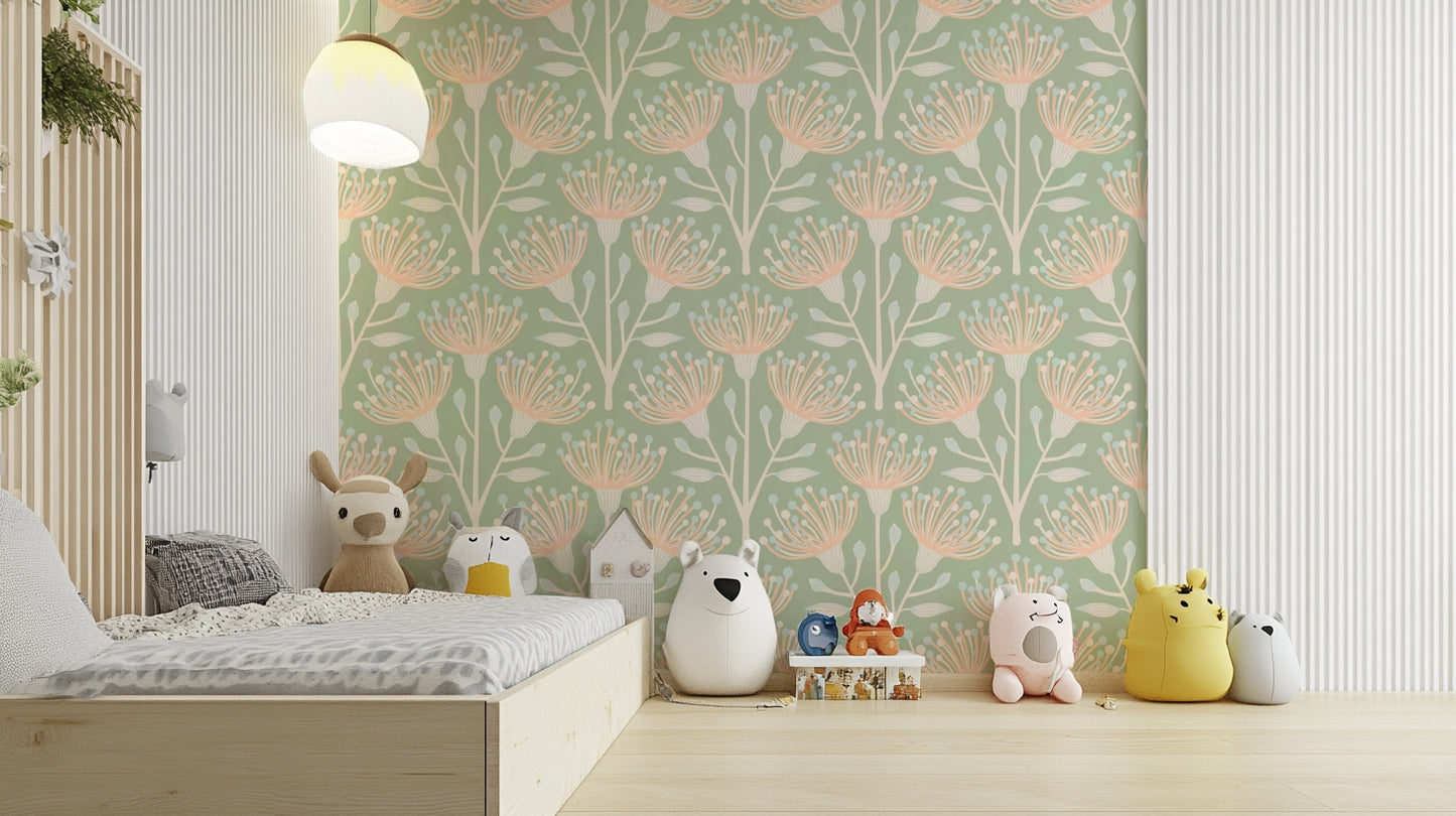 Calming sage green background in a floral wallpaper.

