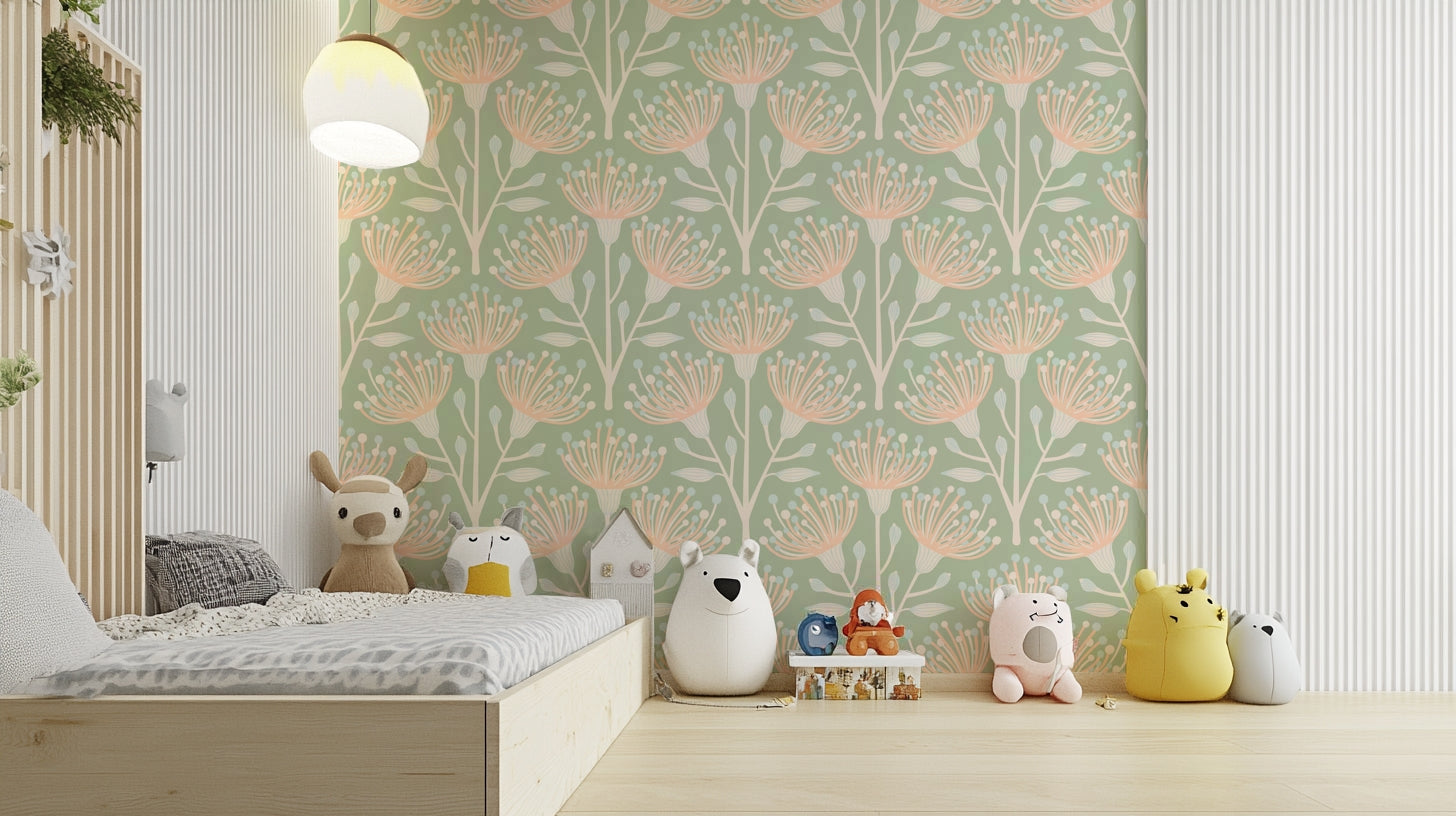 Calming sage green background in a floral wallpaper.

