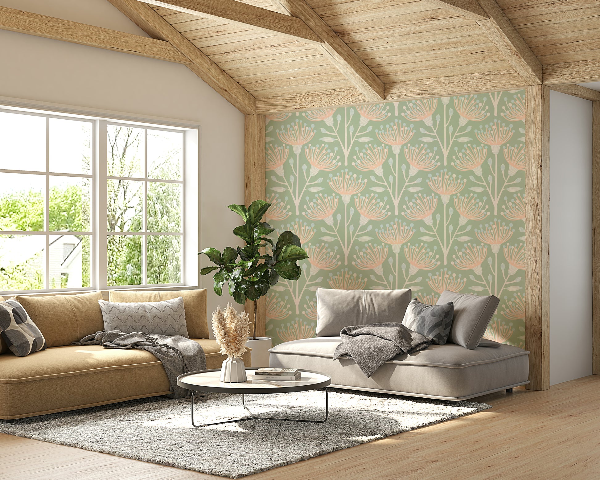 Hand-drawn style floral and leaf motifs.

