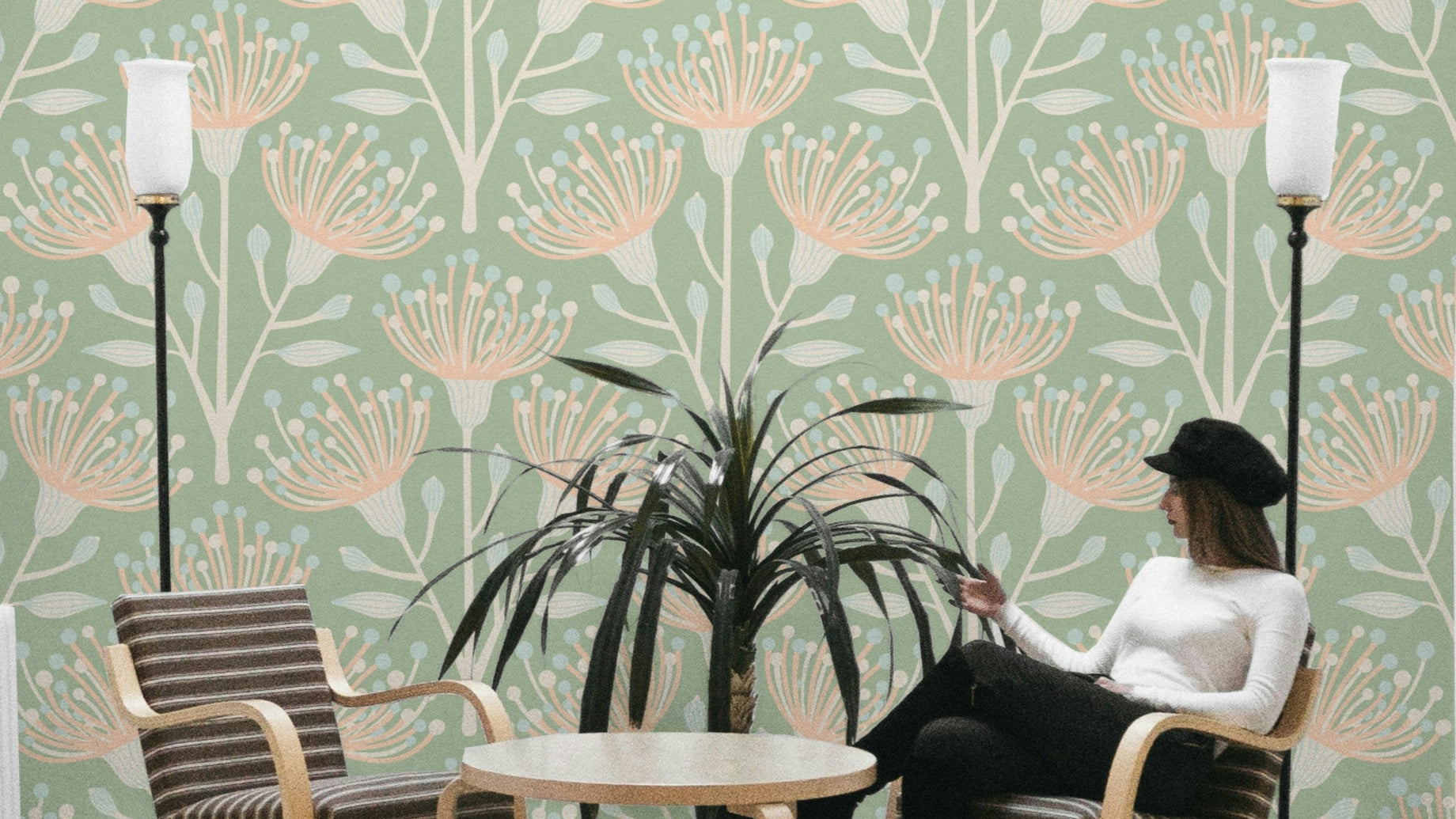 Eucalyptus Floral Botanical Cottage Blush on Sage Green Wallpaper.

