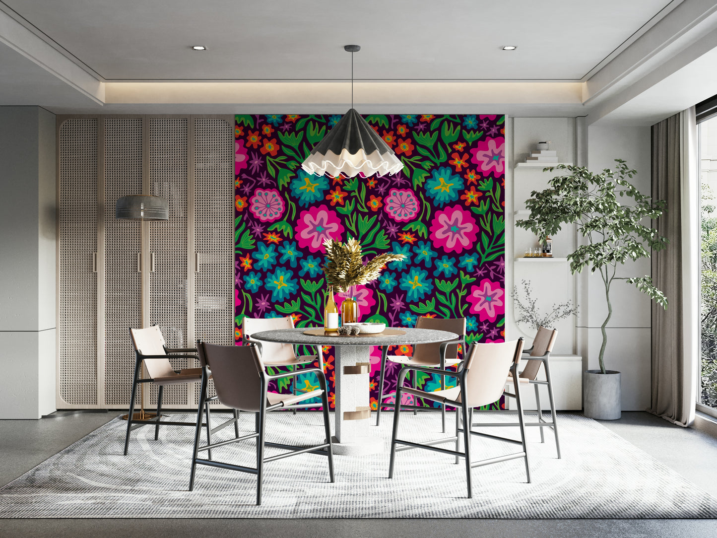 Retro-style floral and botanical motifs on a wall.

