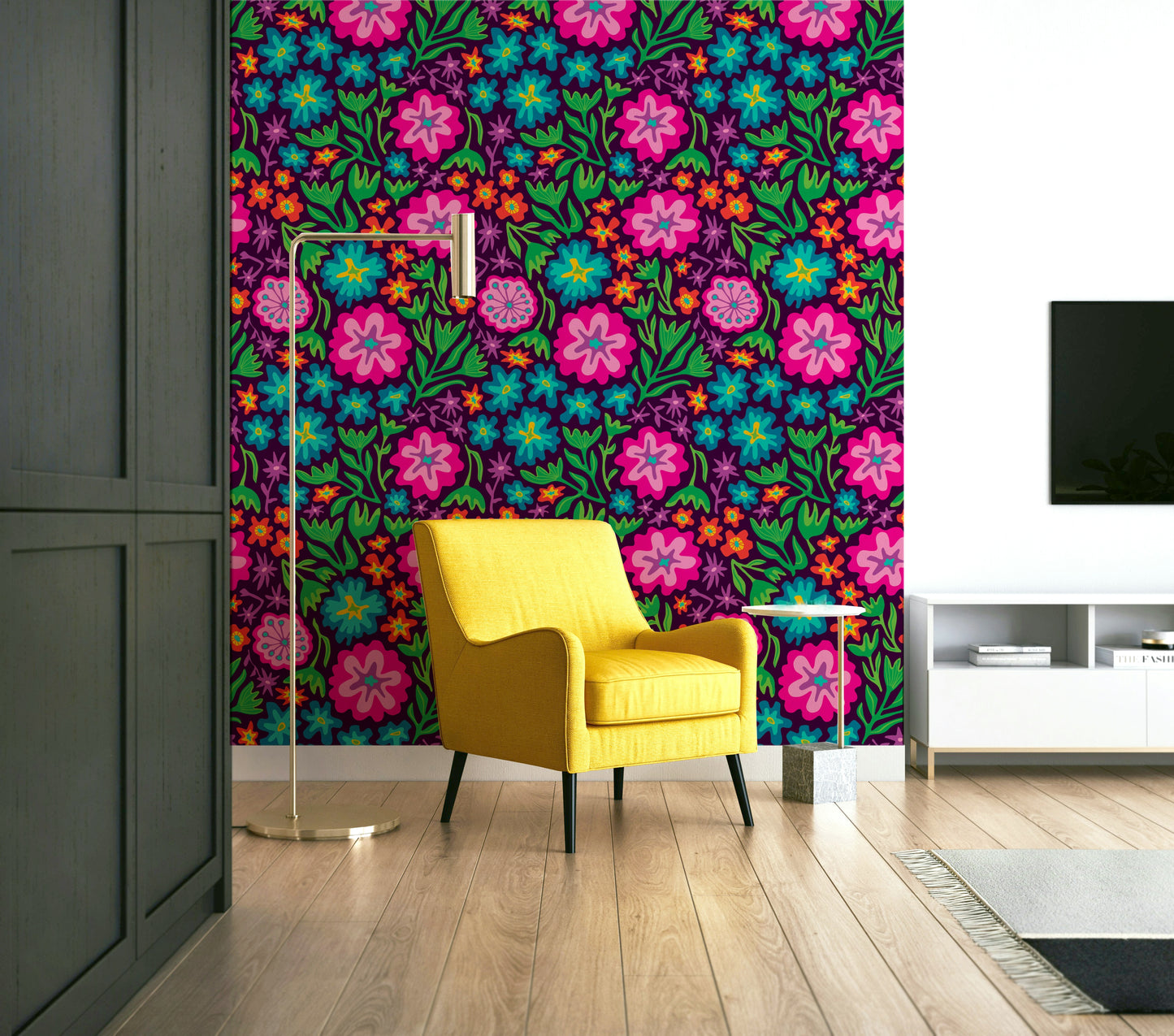 Vibrant rainbow-colored tropical flowers on a deep purple background.

