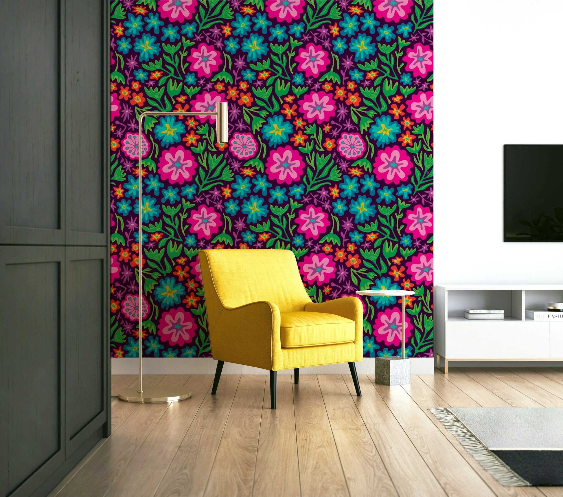 Vibrant rainbow-colored tropical flowers on a deep purple background.

