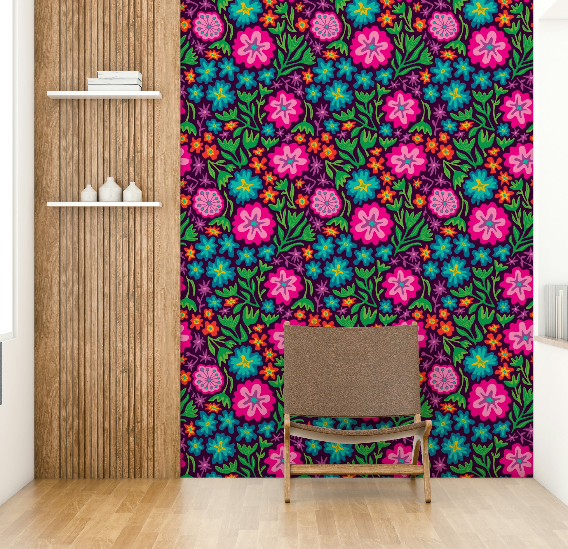 Sayulita Tropical Retro Floral Botanical Rainbow Brights on Deep Purple Wallpaper.

