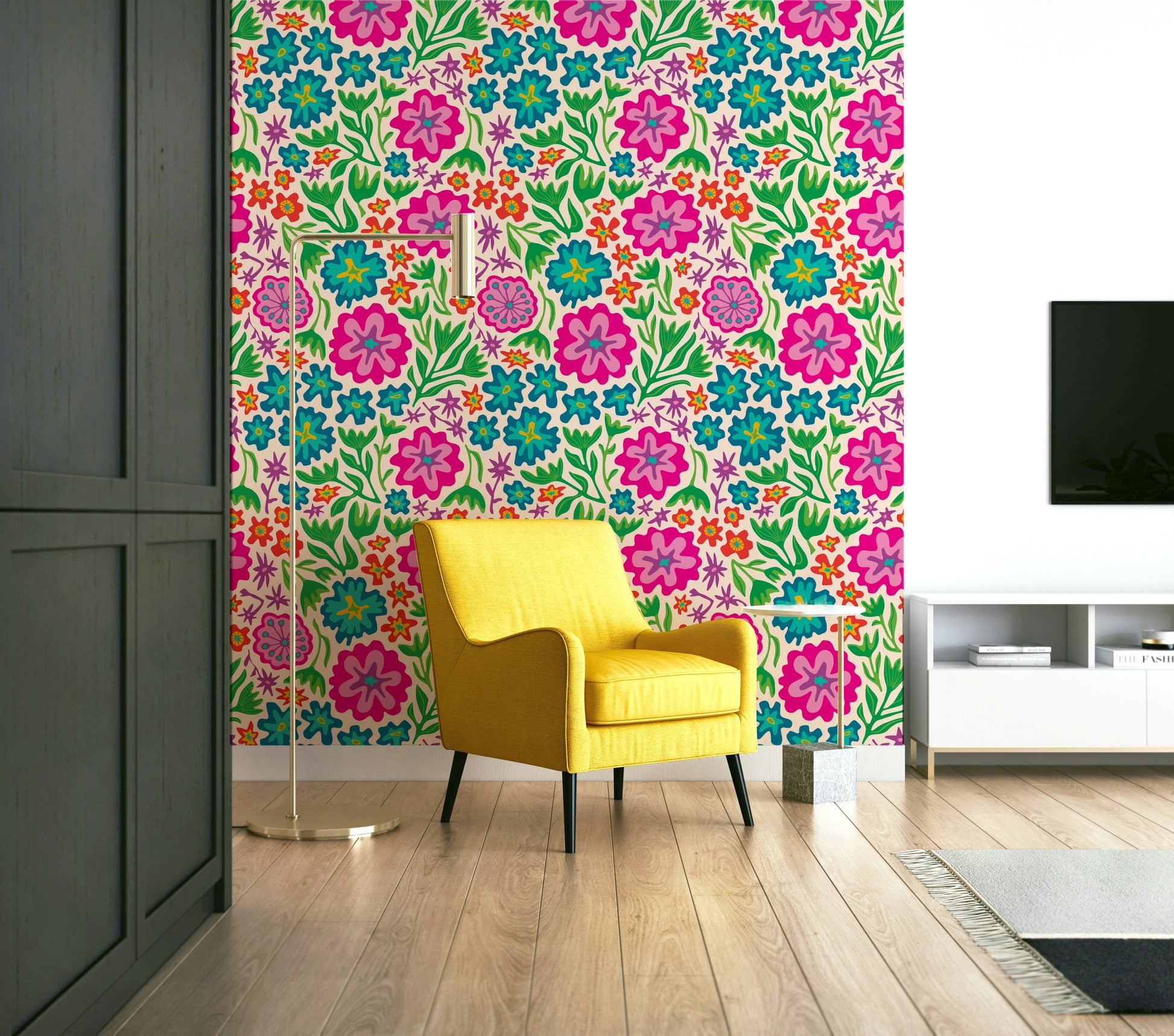 Vibrant rainbow-colored tropical flowers on a creamy background.

