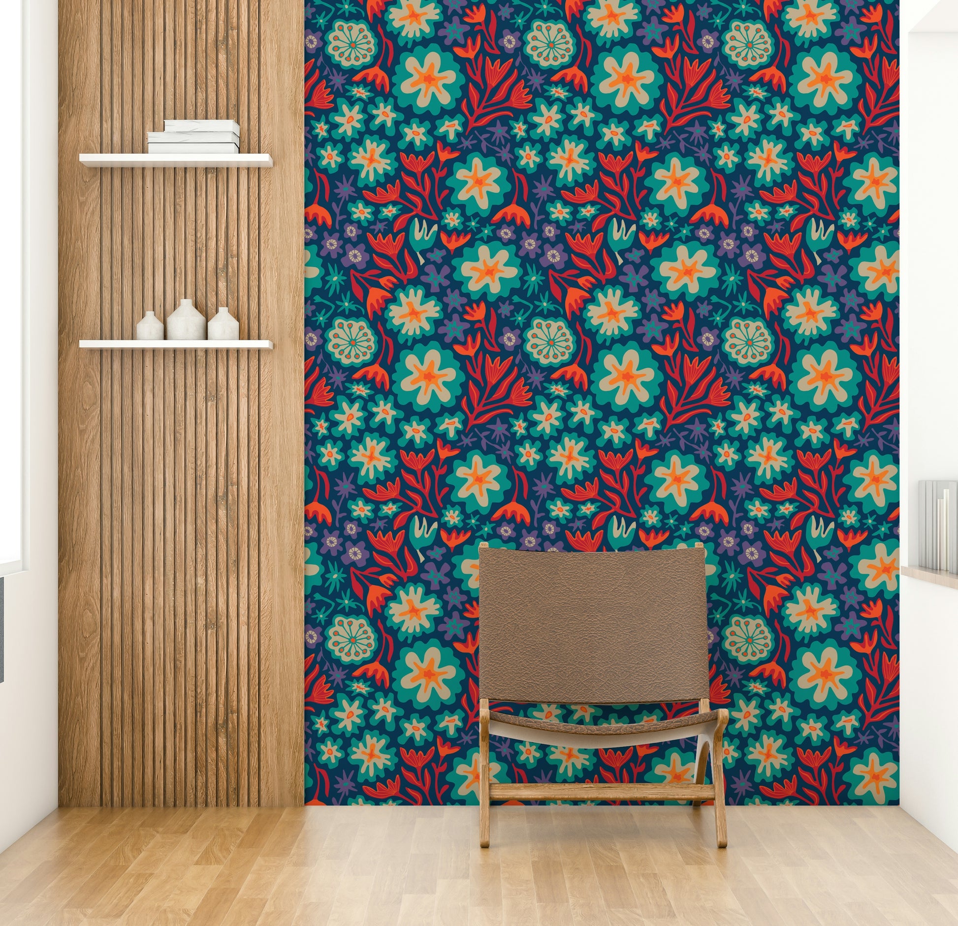 Sayulita Tropical Retro Floral Botanical Bright Aqua Orange Red Purple Dark Blue Wallpaper.

