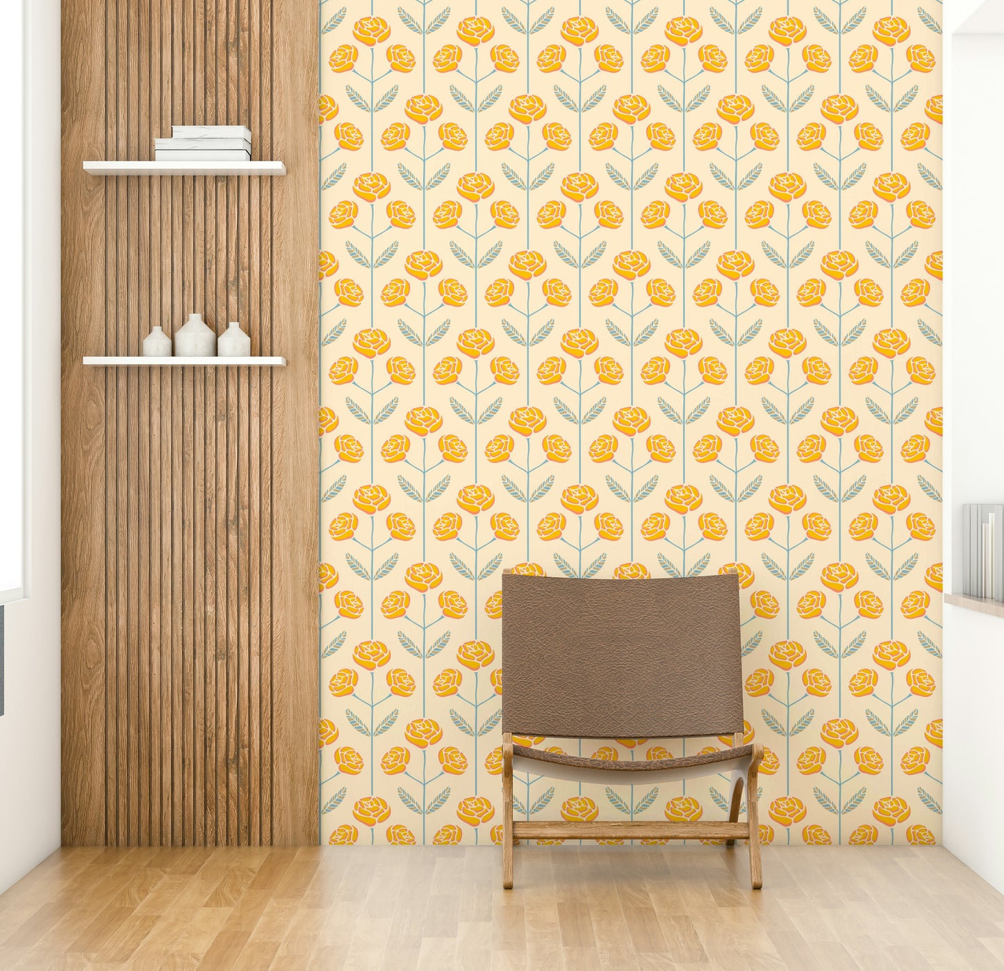 Stylized floral and leaf patterns in yellow, blue, and gray on a wall.

