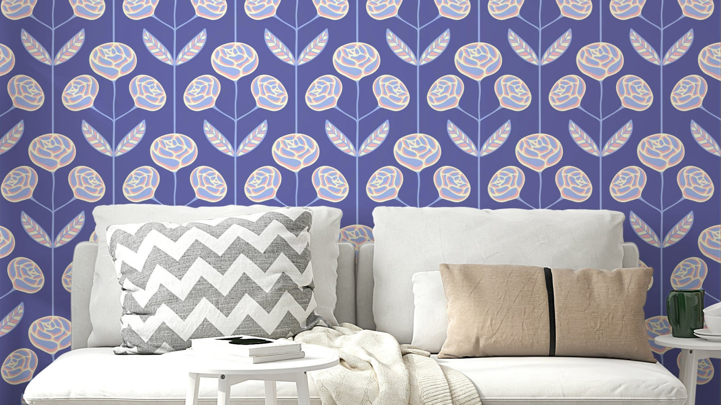 Lola Rose Retro Scandi Mid Century Floral Cottage Very Peri Purple Wallpaper.

