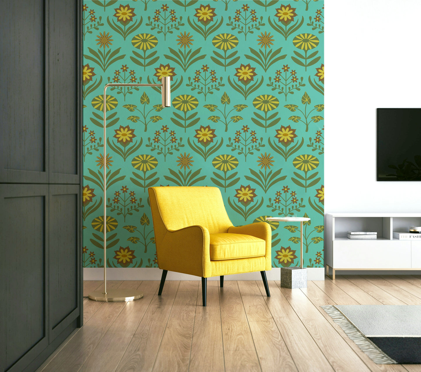 Tami Mid Century Modern Scandi Retro Floral Vintage Olive Green Brown Turquoise Wallpaper.

