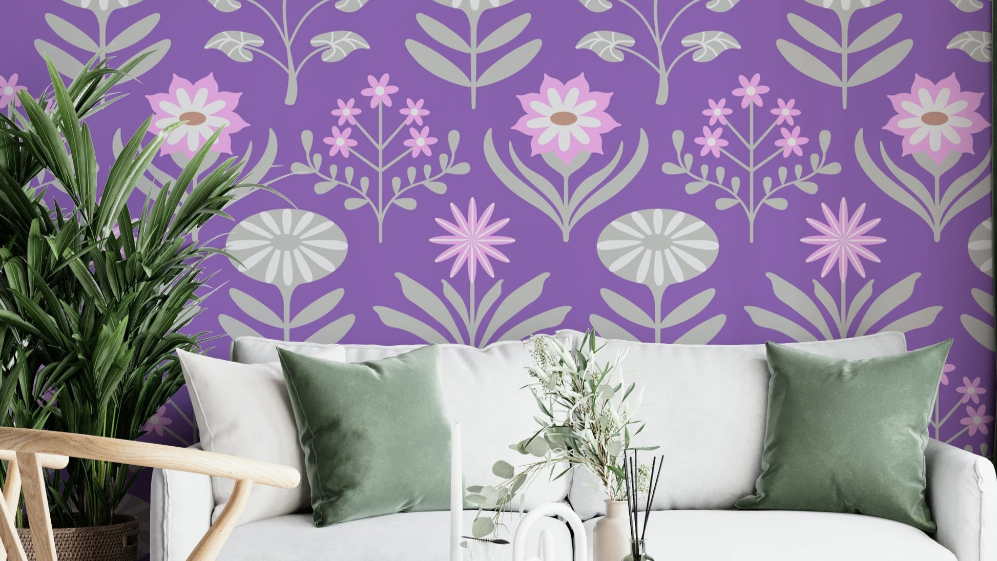 Tami Mid Century Modern Scandi Retro Floral Cottage Pink Gray Purple Wallpaper.

