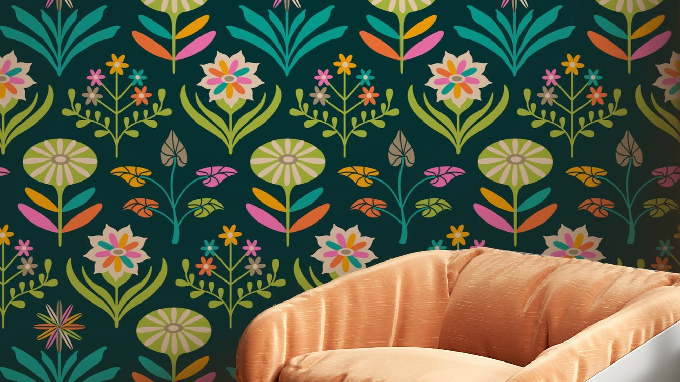 Tami Mid Century Modern Scandi Retro Floral Rainbow Brights Dark Green Wallpaper.

