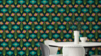 Yvette Mid Century Modern Scandi Retro Floral Rainbow Brights Dark Green Wallpaper.

