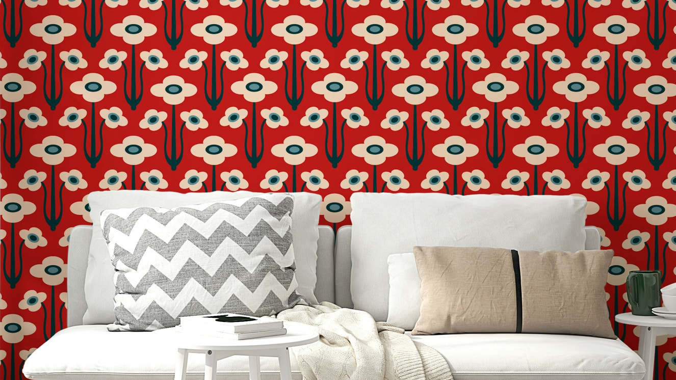 Yvette Mid Century Modern Scandi Retro Floral Blue Navy Indigo White Dark Red Wallpaper.

