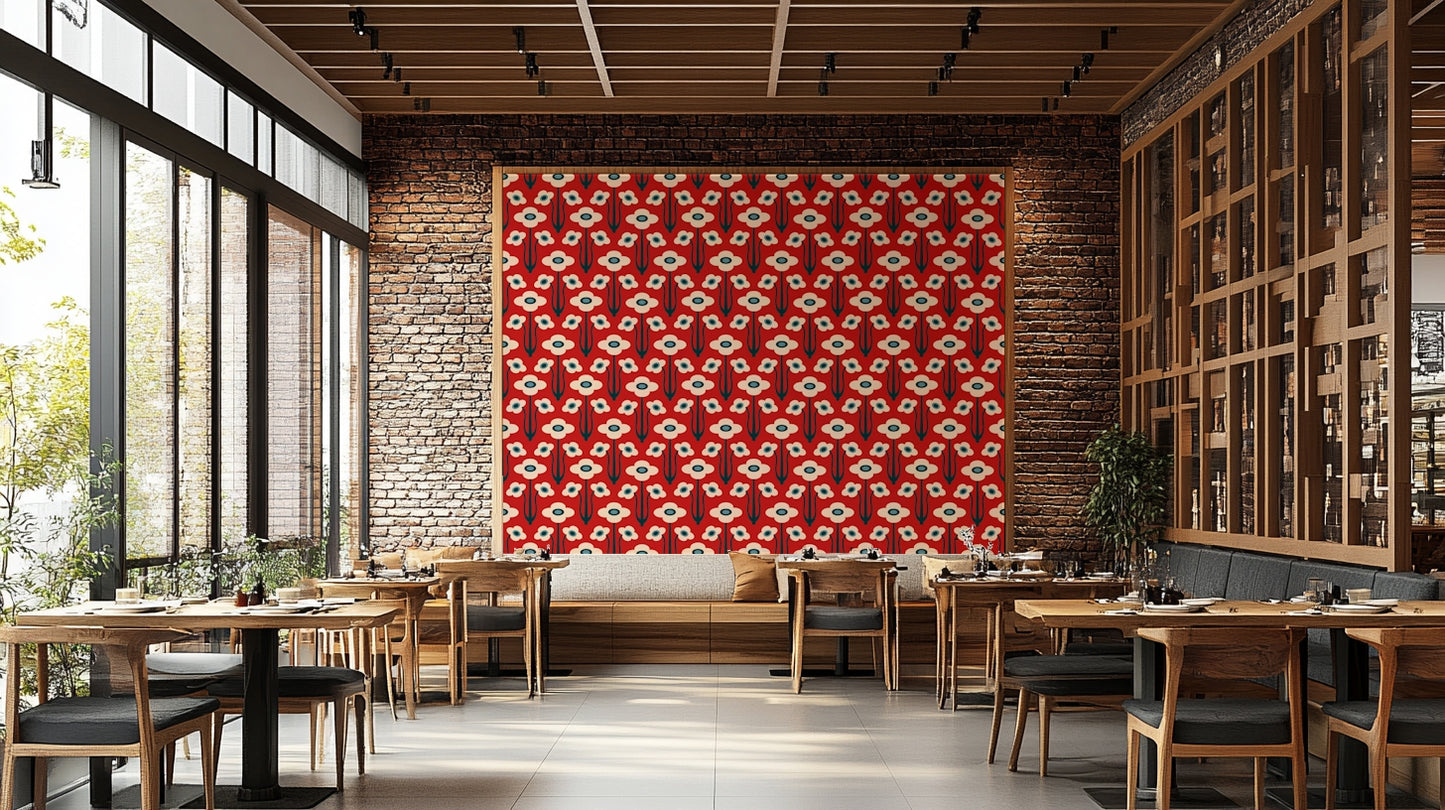 Stylized floral and leaf patterns in blue, navy, indigo, white, and dark red on a wall.

