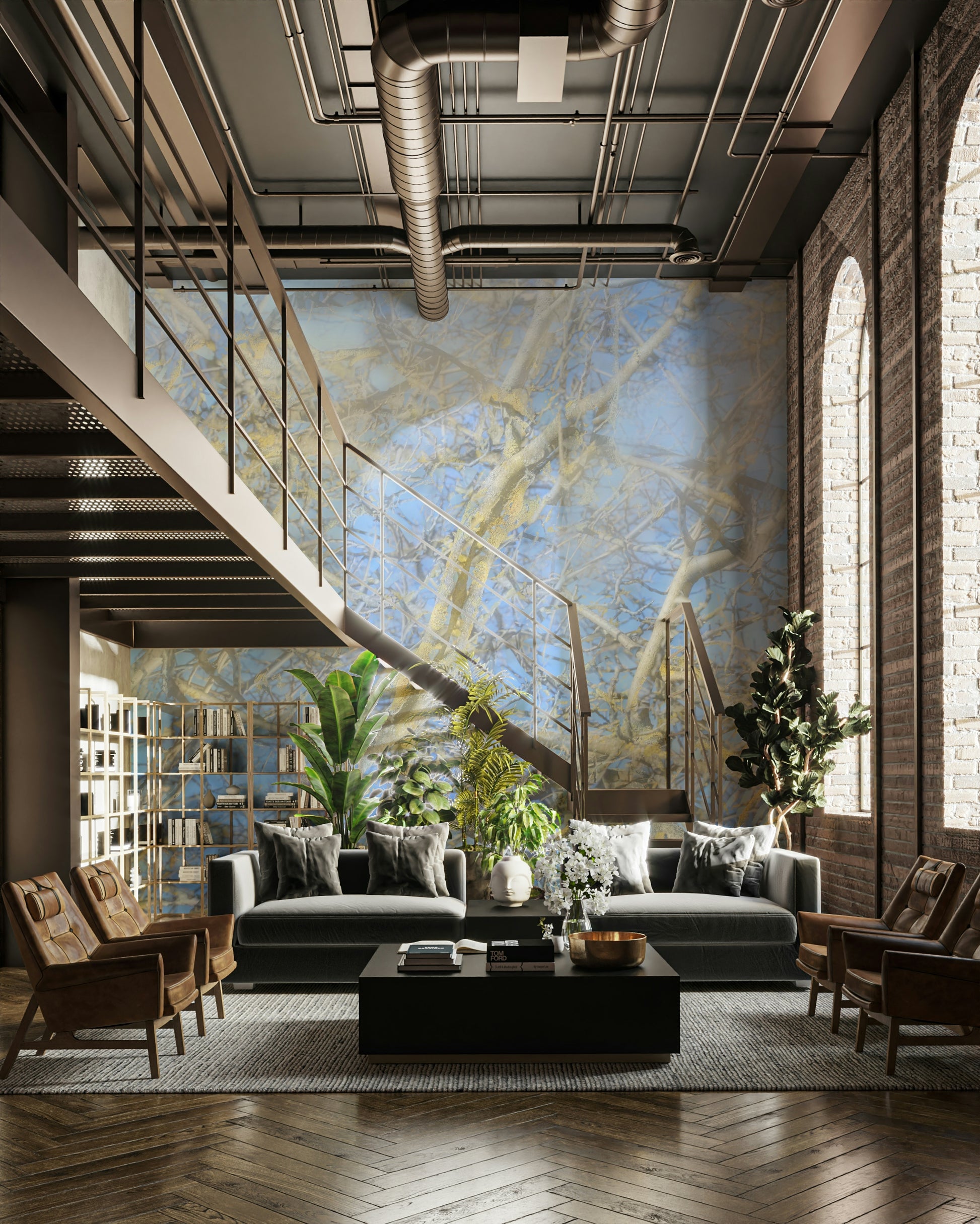 Wall mural creating a tranquil and open atmosphere.

