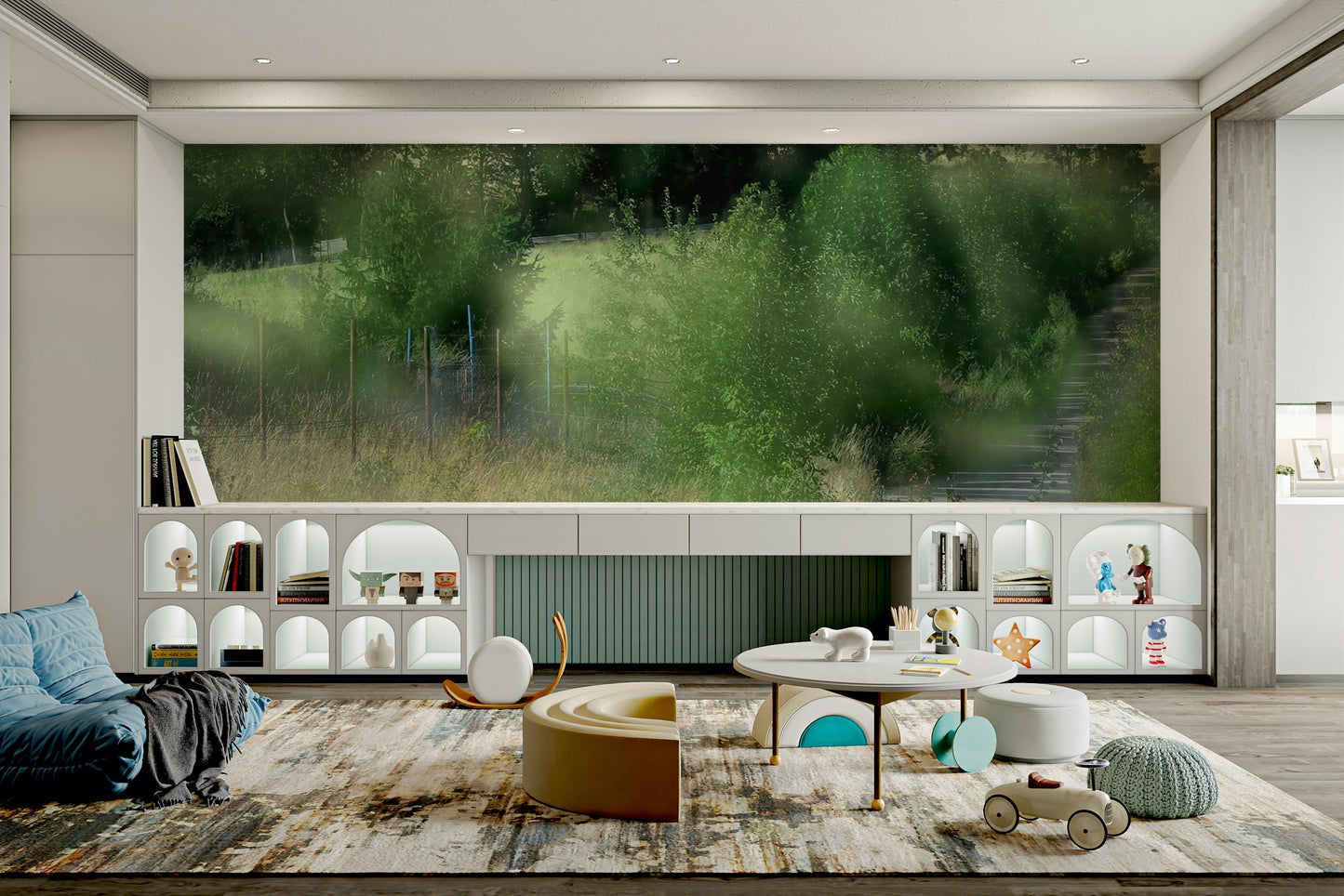 Green pathway winding through dense foliage on a wall.

