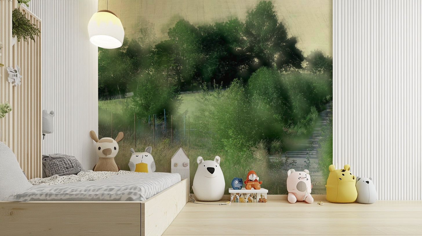 Lush green trees and plants in a wall mural.

