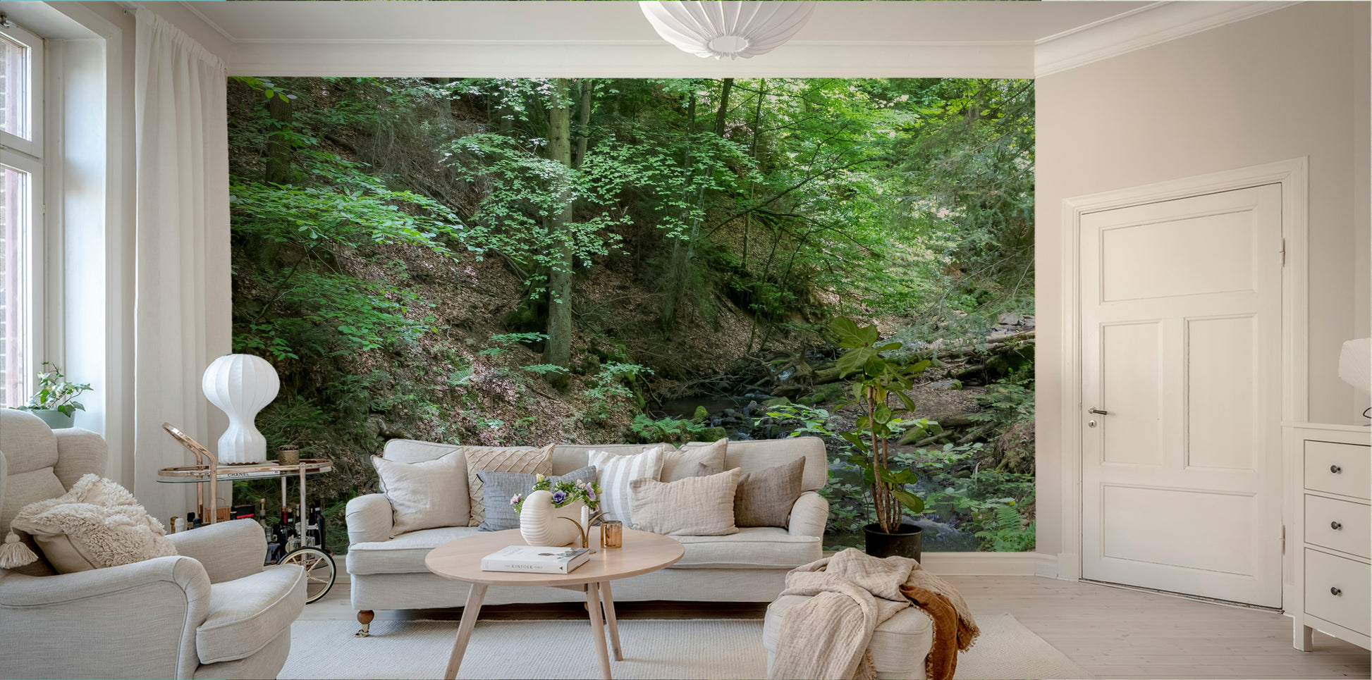 Wall mural creating a sense of depth and tranquility.

