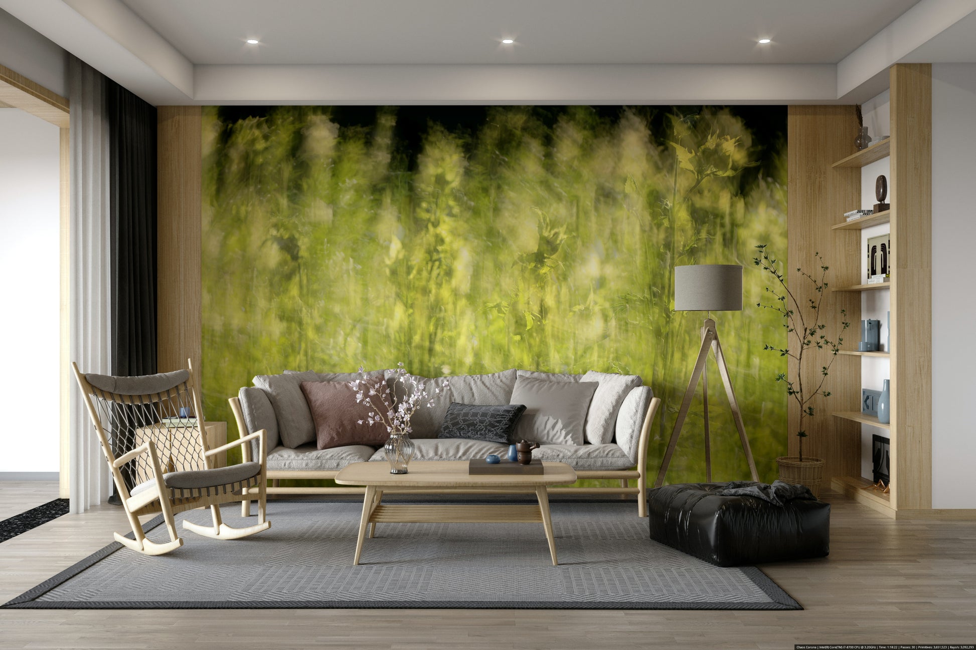 Wall mural creating a sense of openness and tranquility.

