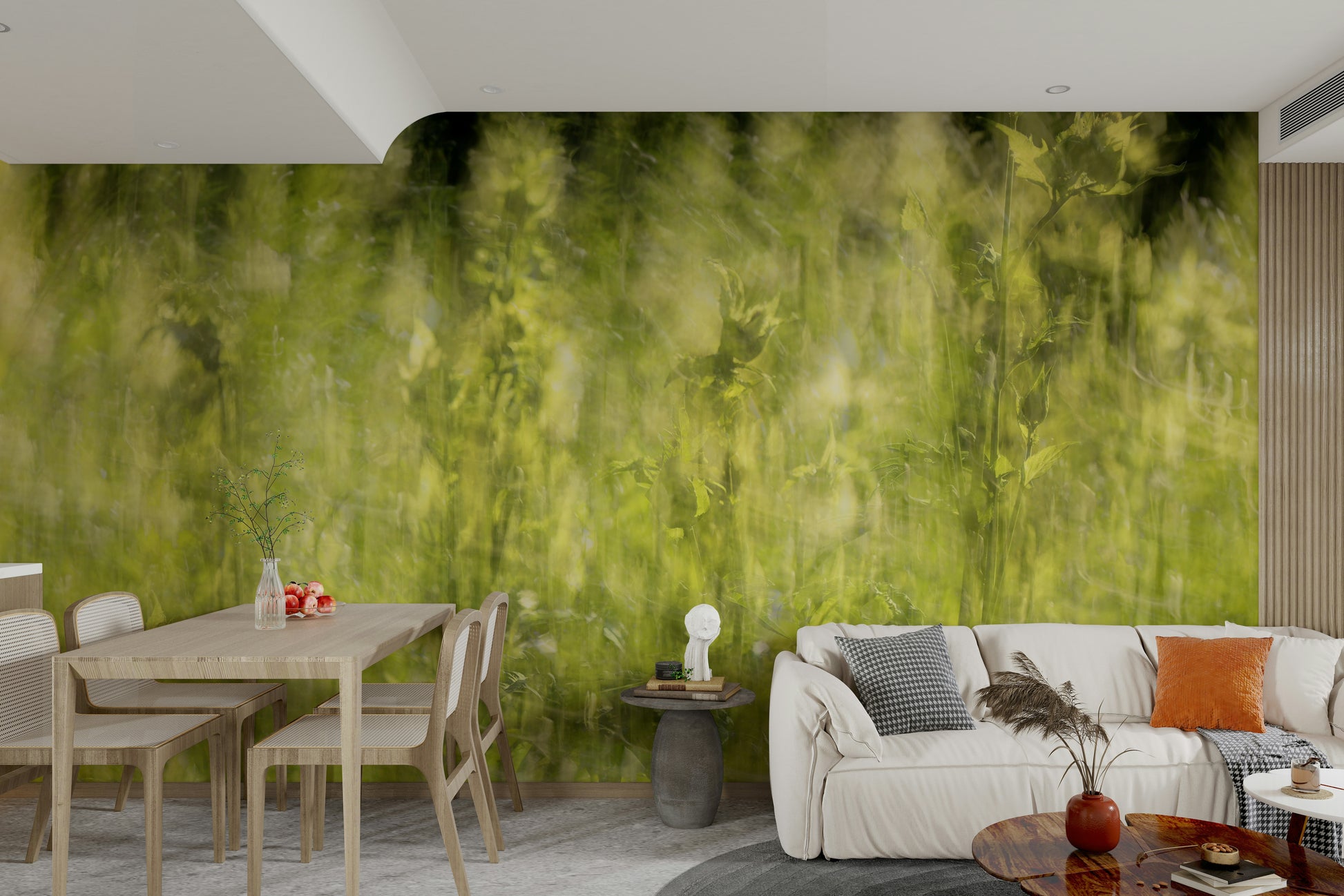 Softly blurred green field stretching into the distance on a wall.

