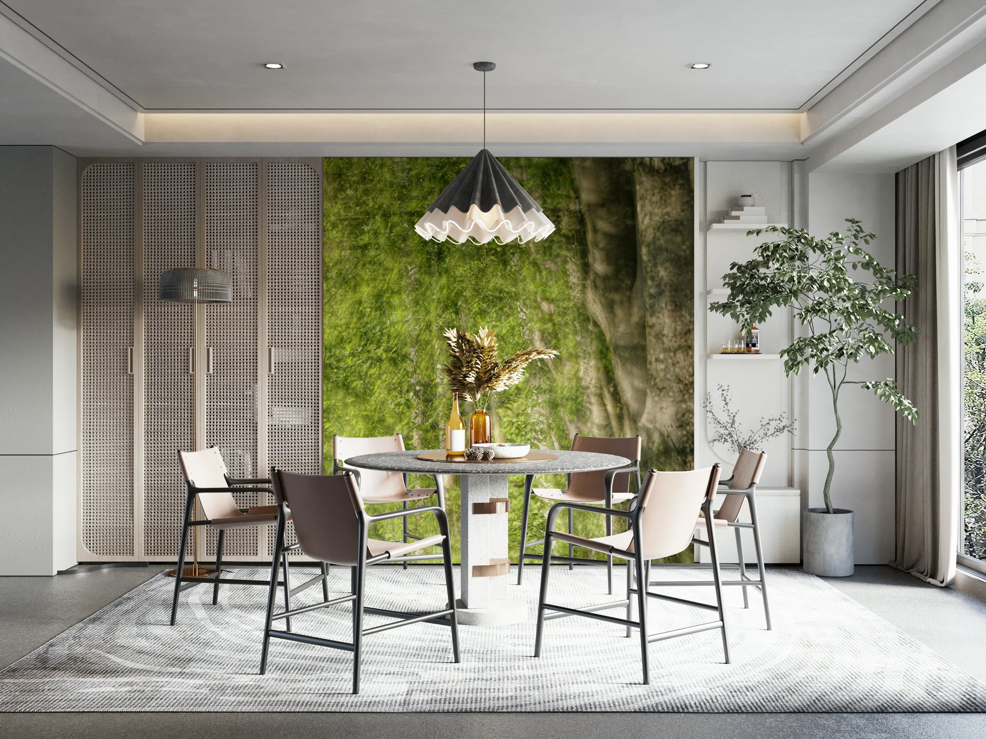 Lush green foliage and sunlight filtering through trees in a wall mural.

