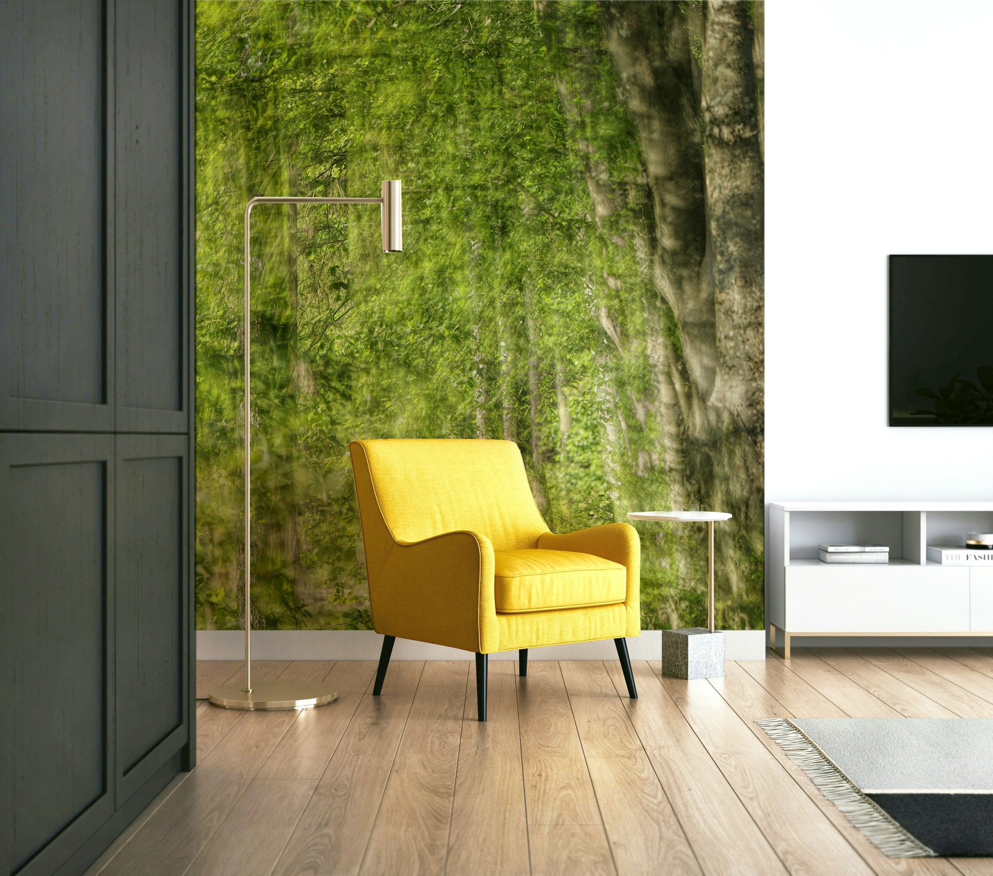Wall mural creating a sense of depth and tranquility.

