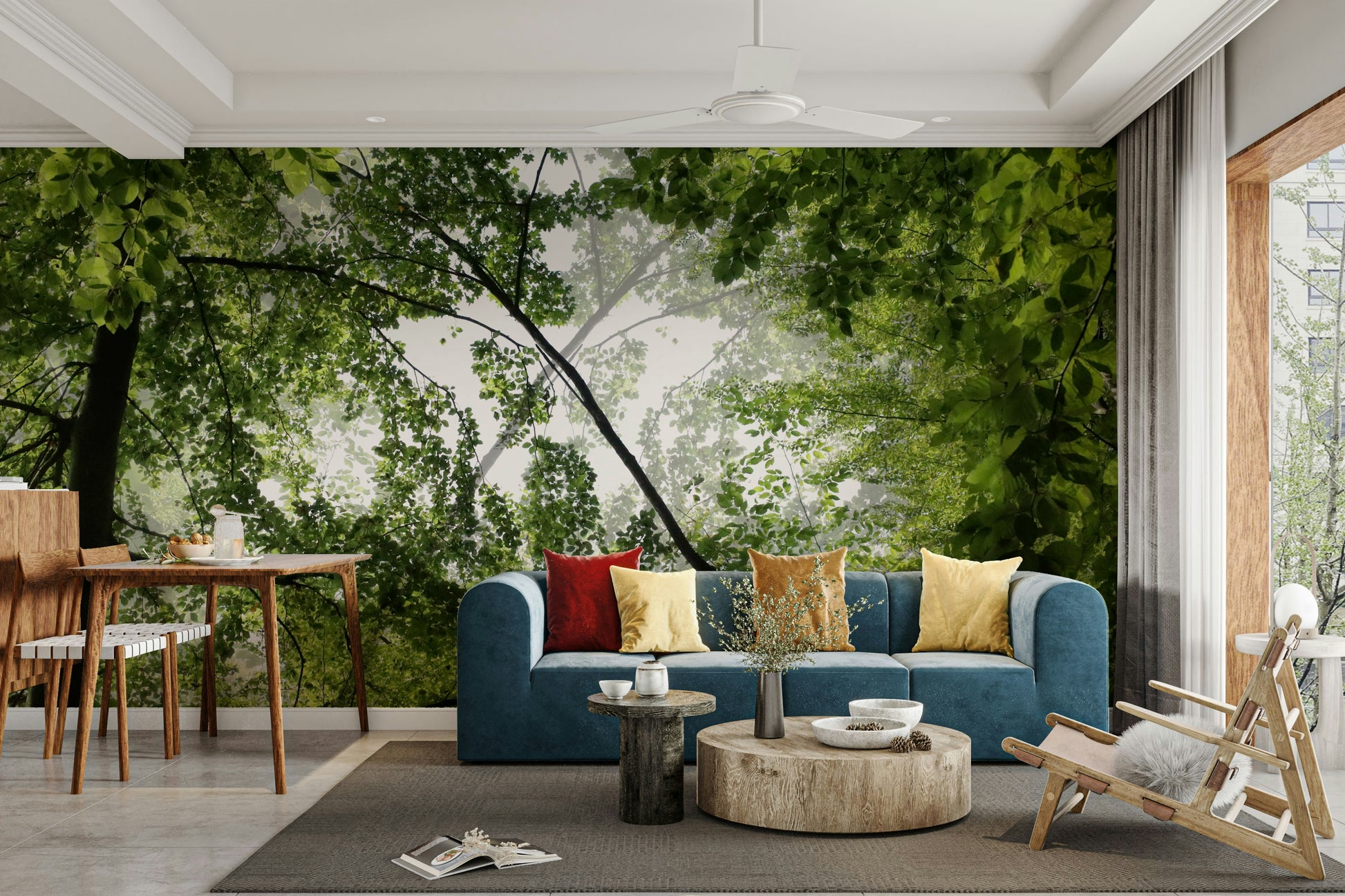 Sunlight filtering through dense leaves in a wall mural.

