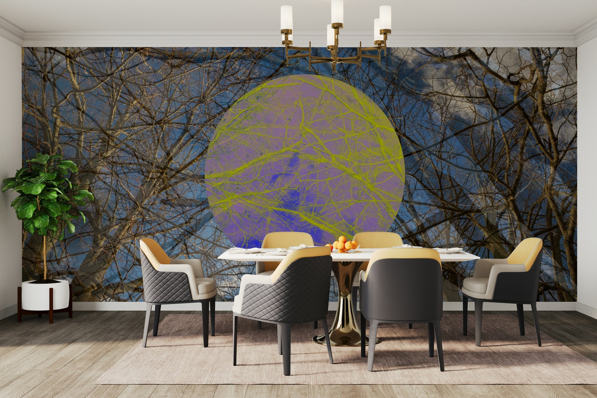 Tree overlay with colorful circle mural
