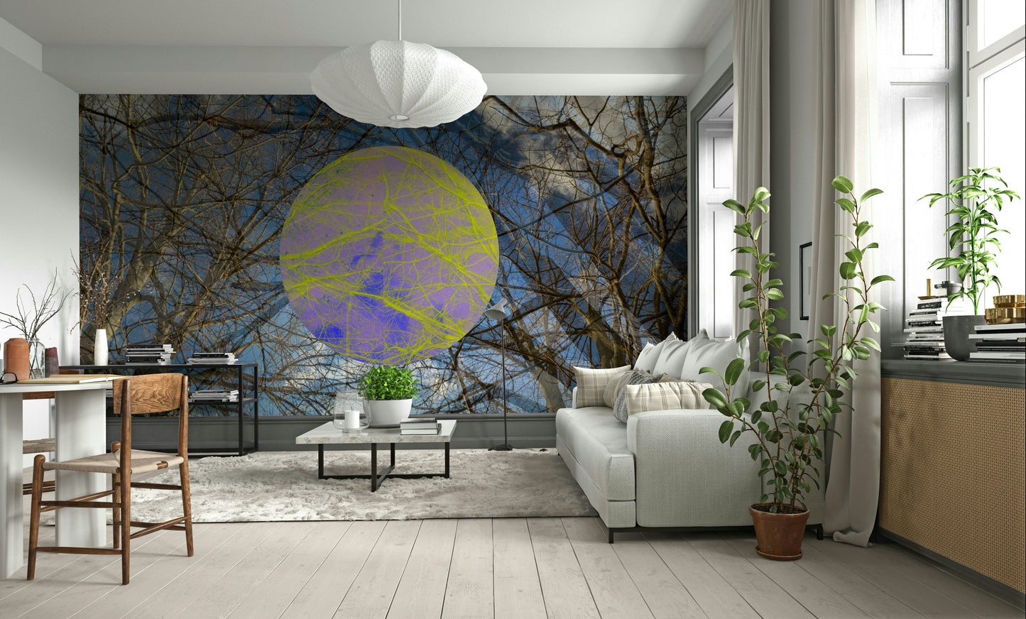 Wall mural with vibrant circular accent
