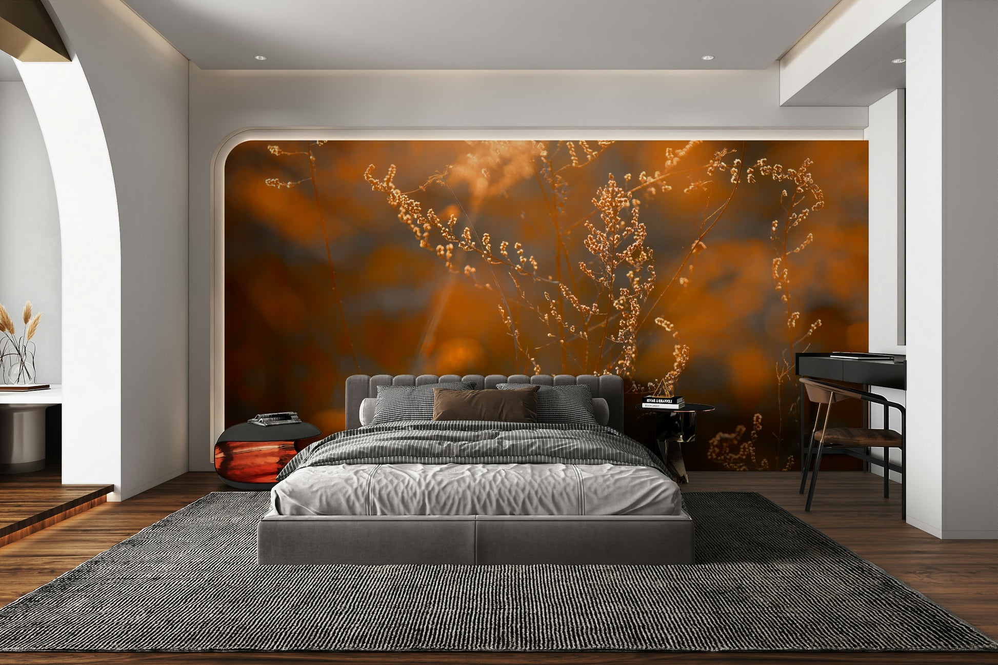 Subtle hues of amber, gold, and muted green.

